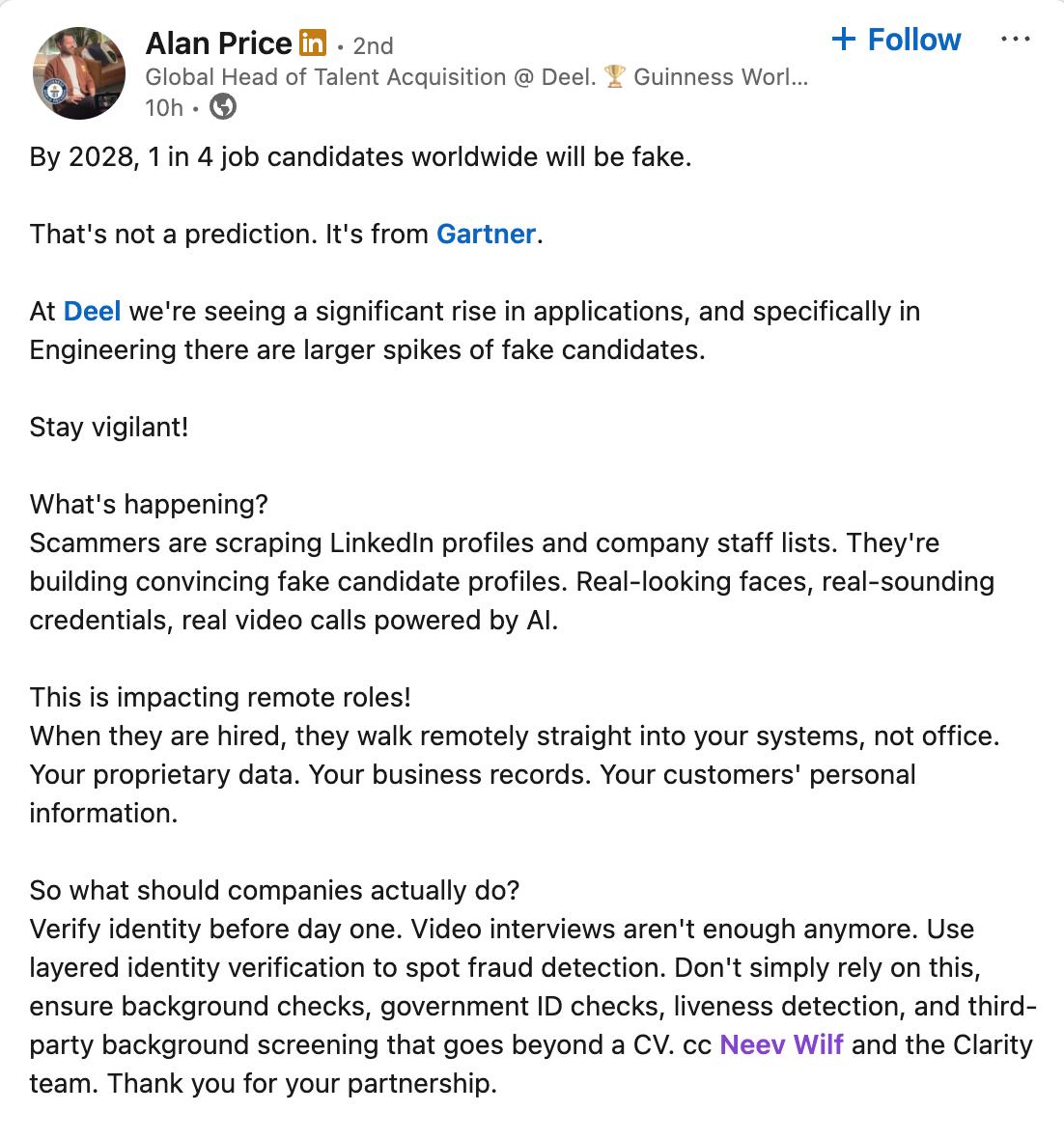LinkedIn post by Alan Price (Deel) citing the Gartner '1 in 4 fake candidates by 2028' stat and naming Clarity and Neev Wilf